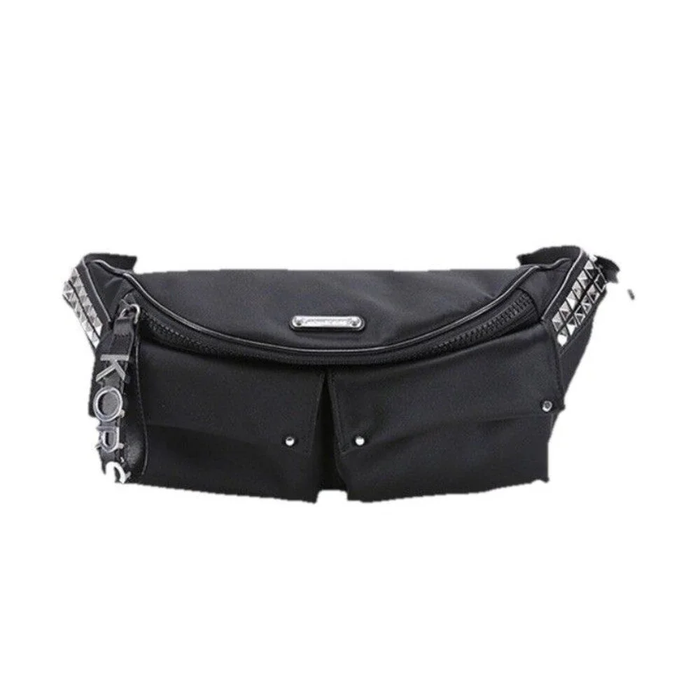 Michael Kors Olivia Large Studded Satin Belt Bag Black Silver Zip Up Goth NWOT